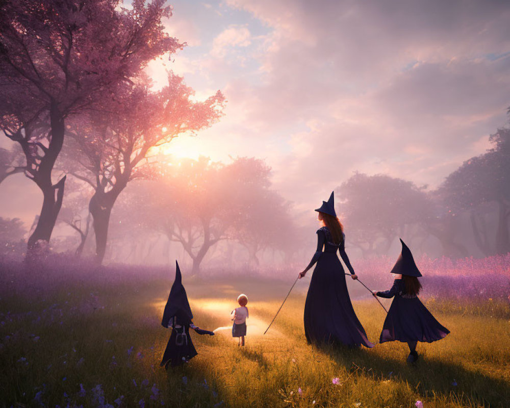 Three witches in mystical forest at sunset with purple flowers and pink trees