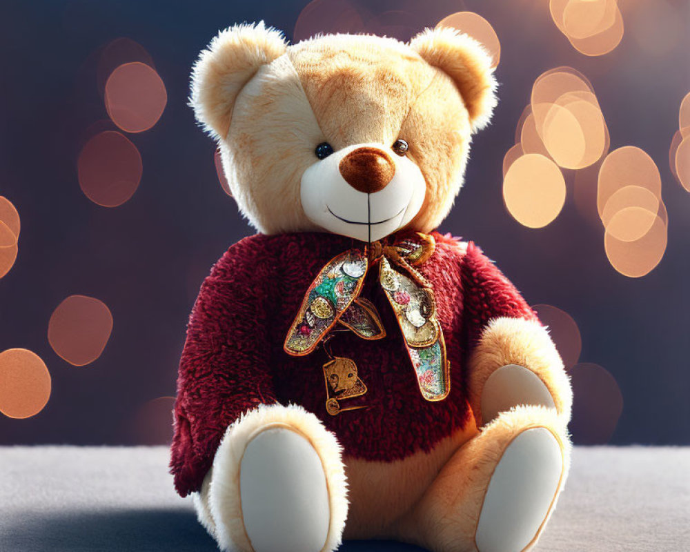 Festive Teddy Bear with Bow Tie on Bokeh Light Background