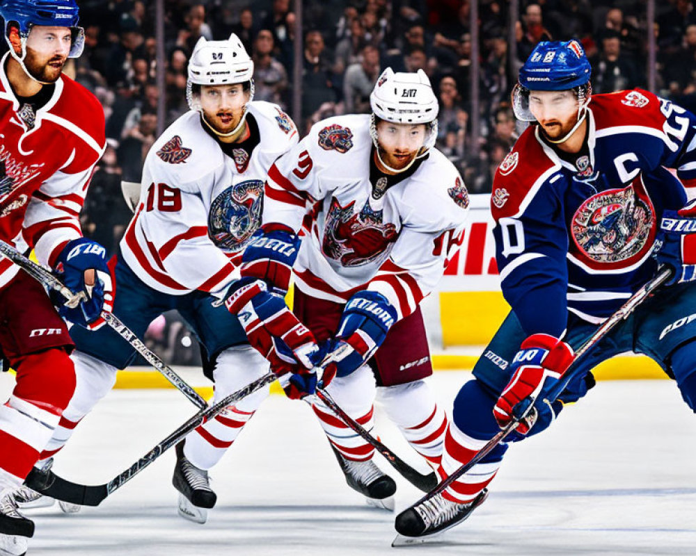 Professional ice hockey players battle for puck control on the rink in a competitive game