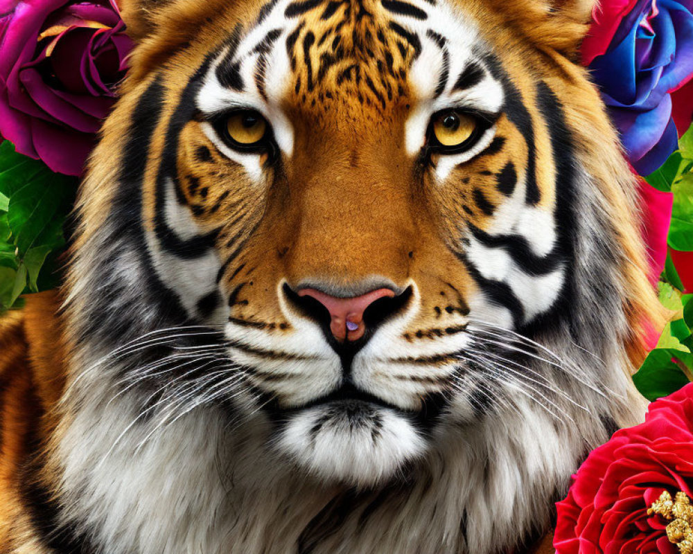 Colorful Tiger Face Portrait Among Pink, Purple, and Red Roses