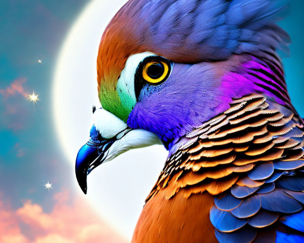 Colorful Bird Close-Up with Bright Yellow Eye Against Moon and Stars