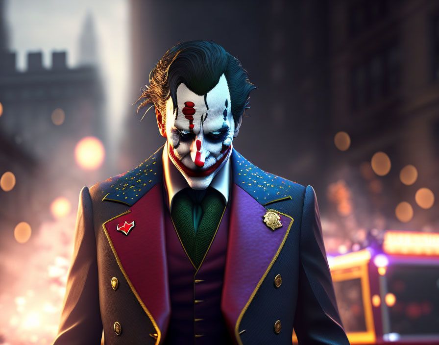 Detailed Digital Artwork: Joker-like Character in Stylized Suit with Dramatic Makeup