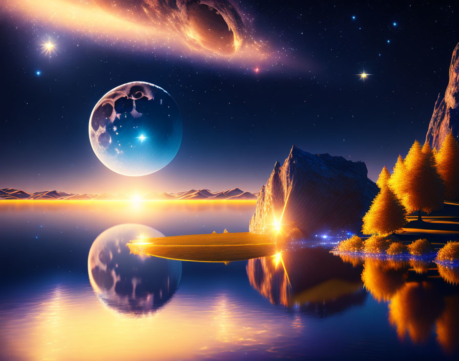 Surreal landscape with large moon, stars, galaxy, lake, autumn trees