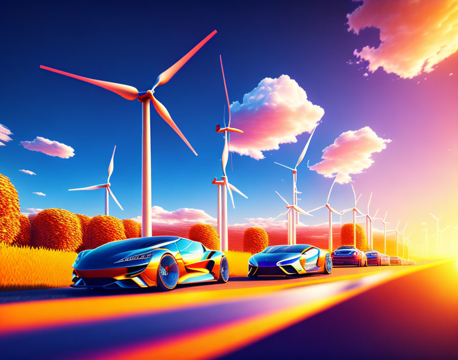 Vibrant futuristic cars on road with wind turbines under sunset sky