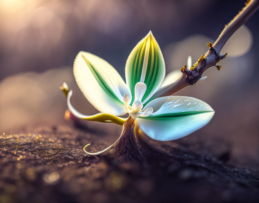 Delicate white flower blooming on branch in golden sunlight