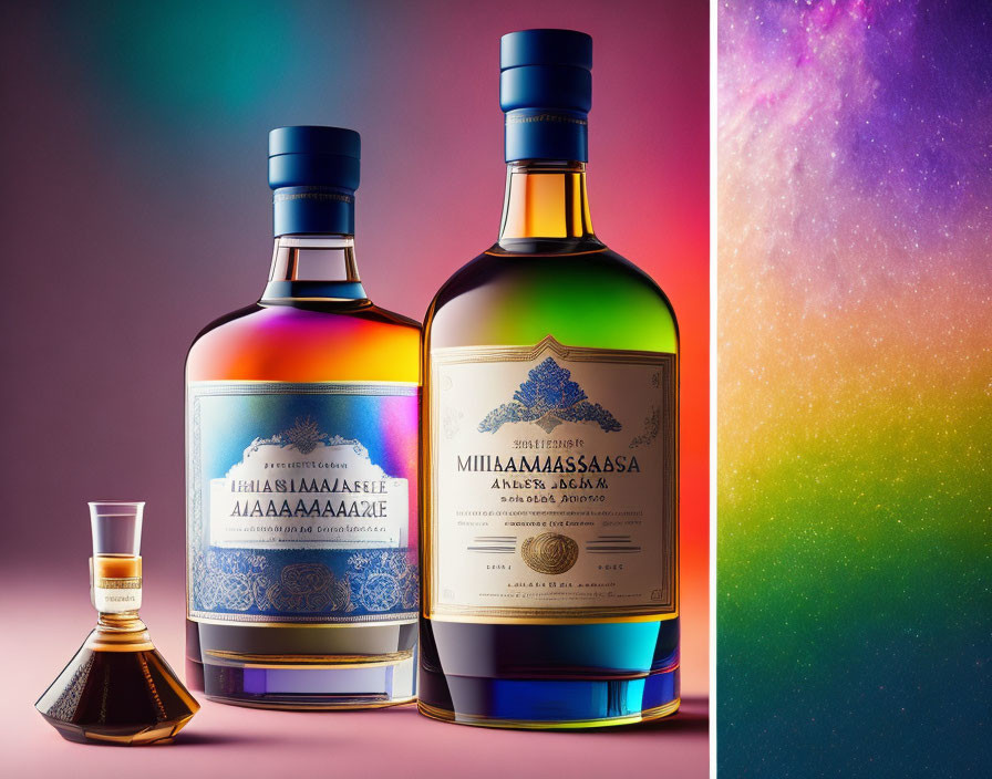 Colorful Gradient Background with Two Liquor Bottles and Glass