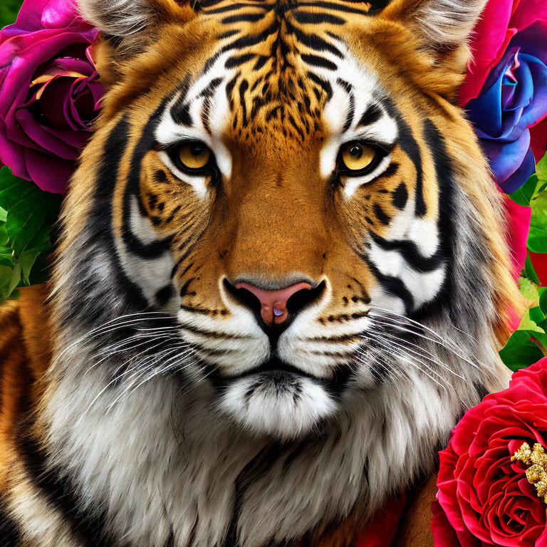 Colorful Tiger Face Portrait Among Pink, Purple, and Red Roses