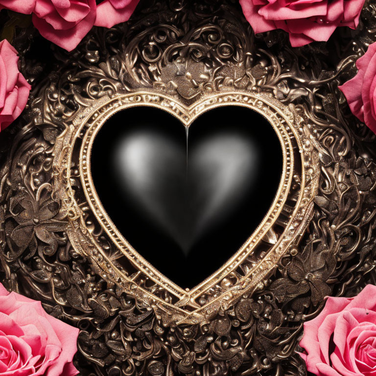 Heart-shaped ornate frame with black center, dark patterns, and pink roses.