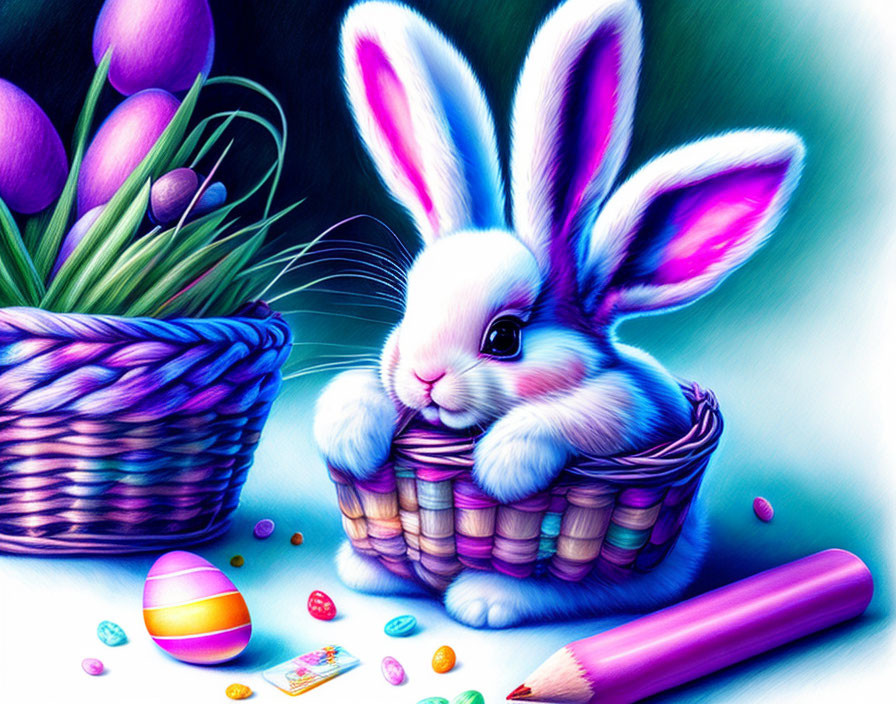 Colorful Easter Bunny Illustration with Basket, Eggs, Tulips & Jelly Beans