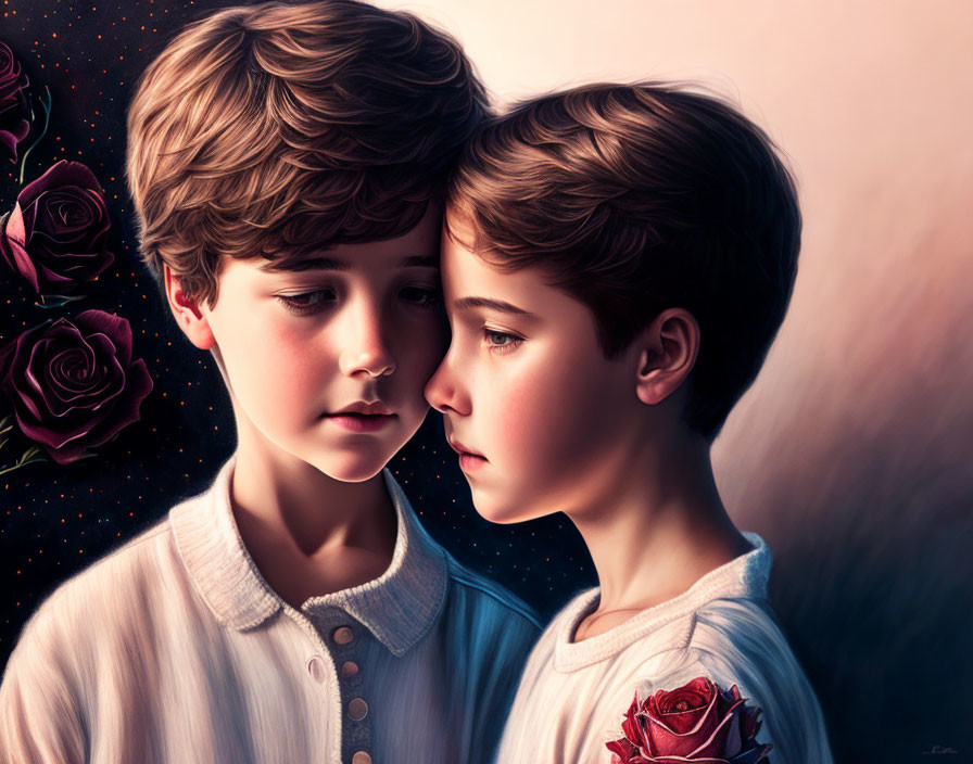 Two young boys in tender embrace with roses and starry sky background