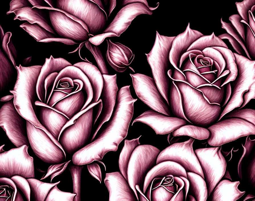 Detailed Pink Roses Illustration on Dark Background