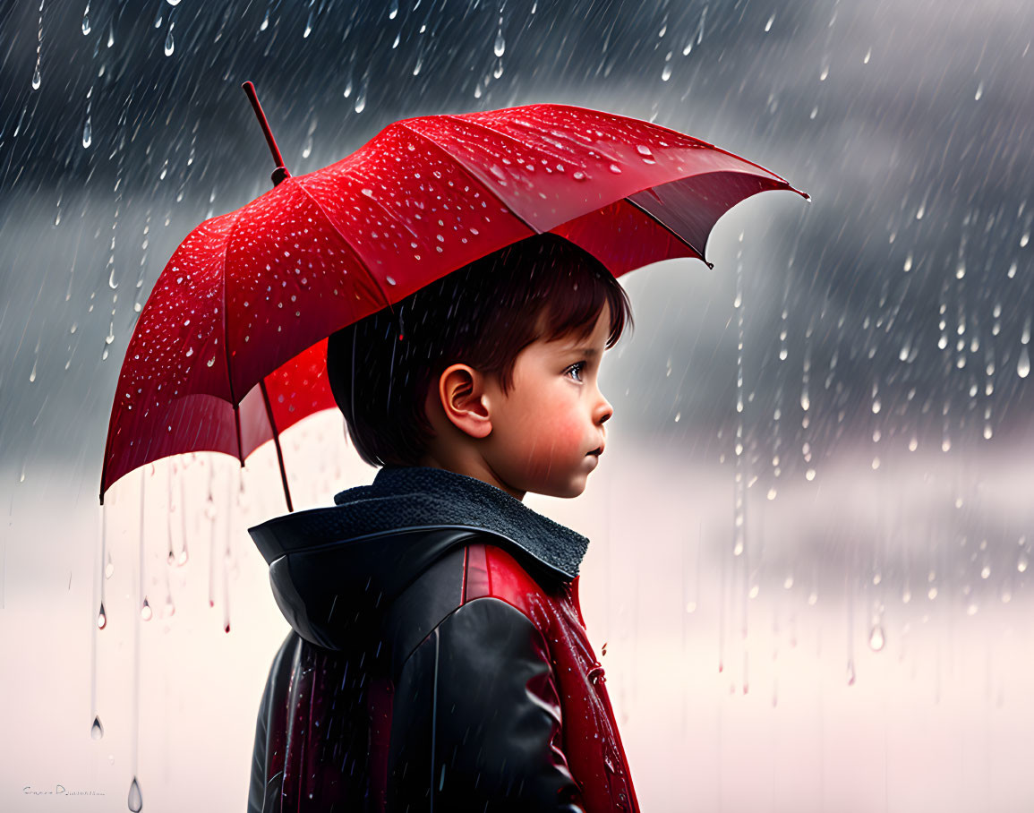 Child holding red umbrella in rain with water droplets visible