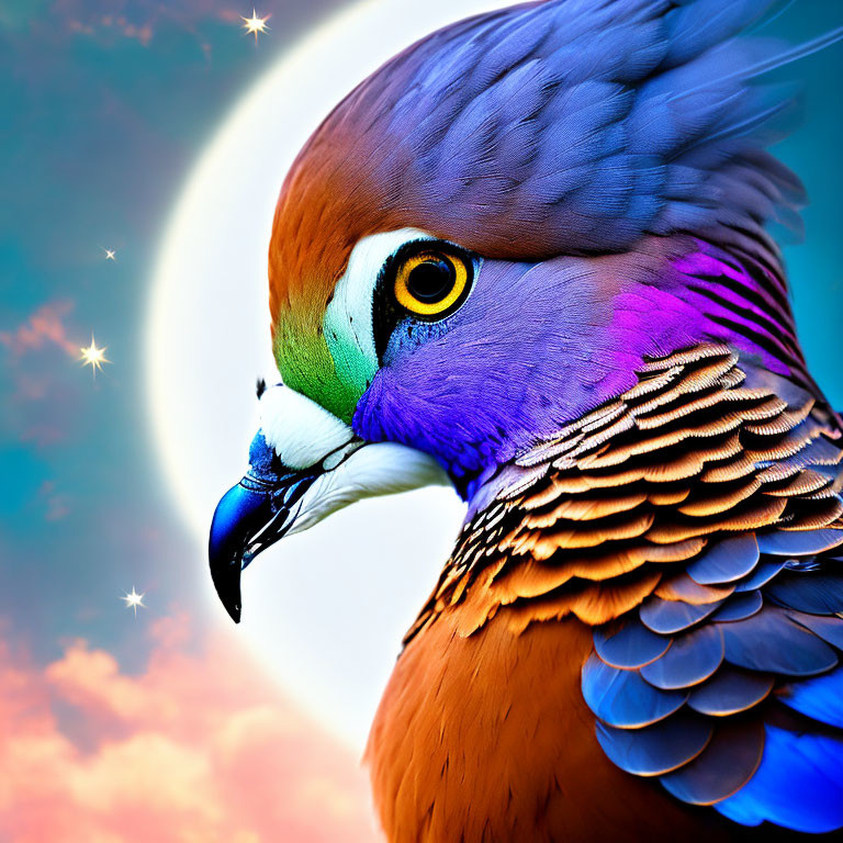 Colorful Bird Close-Up with Bright Yellow Eye Against Moon and Stars