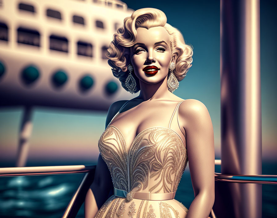 Glamorous woman in 1950s attire on yacht with ocean backdrop