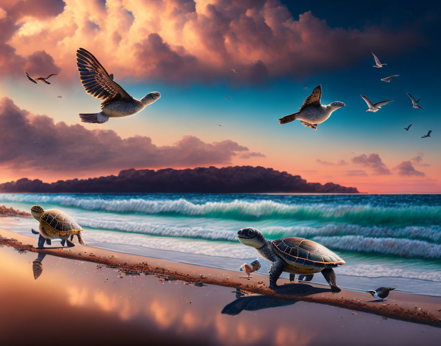 Turtles walking to sea at sunset with seagulls flying overhead