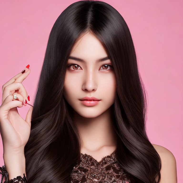 Portrait of woman with long black hair and brown lace top on pink background