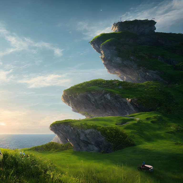 Scenic hillside with cliff, sea view, boat, and sunset.