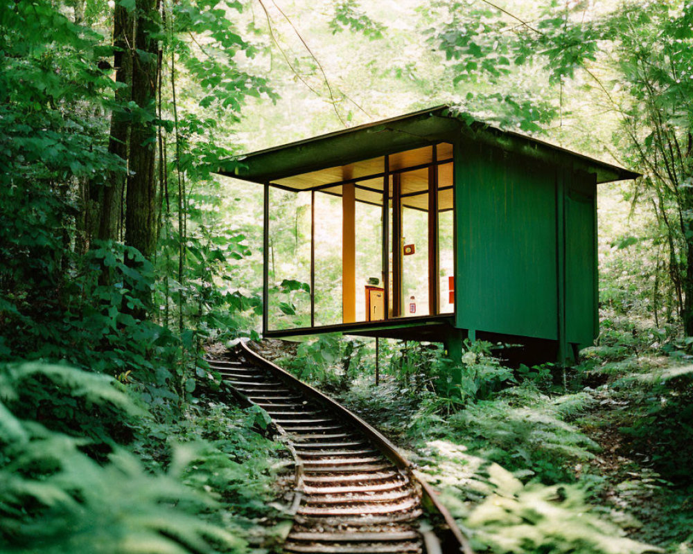 Green Cabin on Rails in Lush Forest with Sunlight Filtering