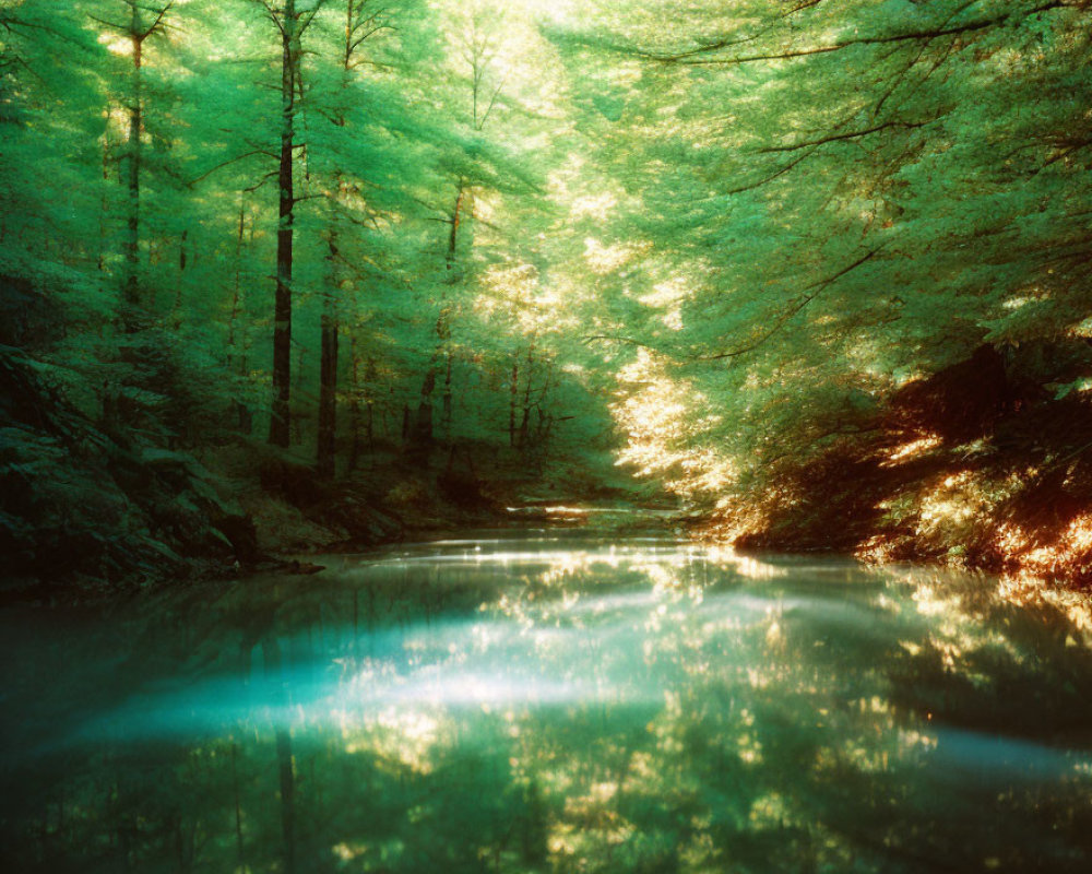 Tranquil forest landscape with sunlight, green foliage, and a serene stream