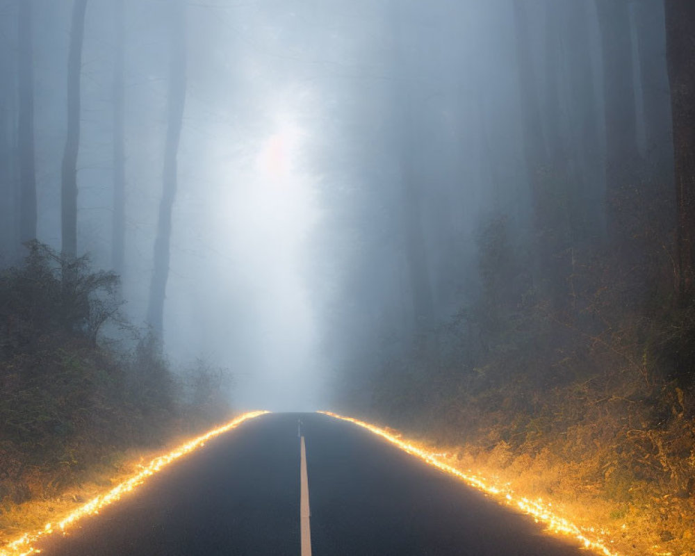 Misty Road Flanked by Trees Leading to Fog-Shrouded Forest