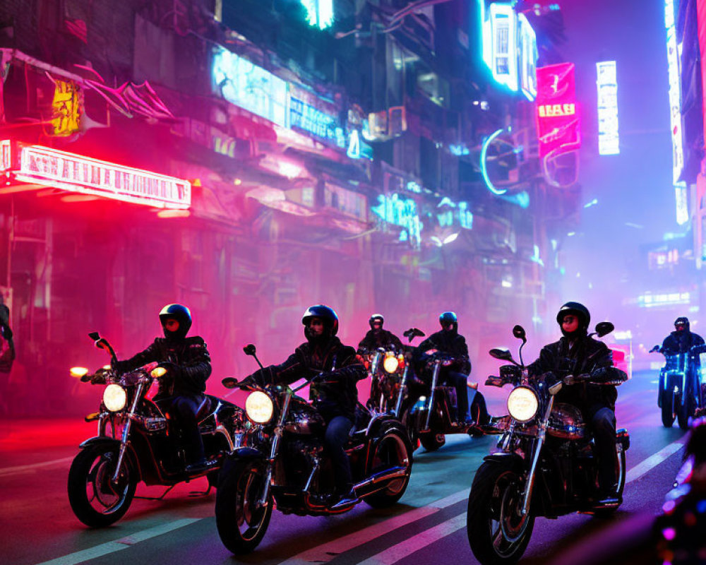 Neon-lit urban street with motorcyclists at night