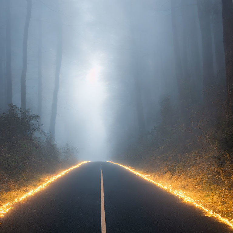 Misty Road Flanked by Trees Leading to Fog-Shrouded Forest