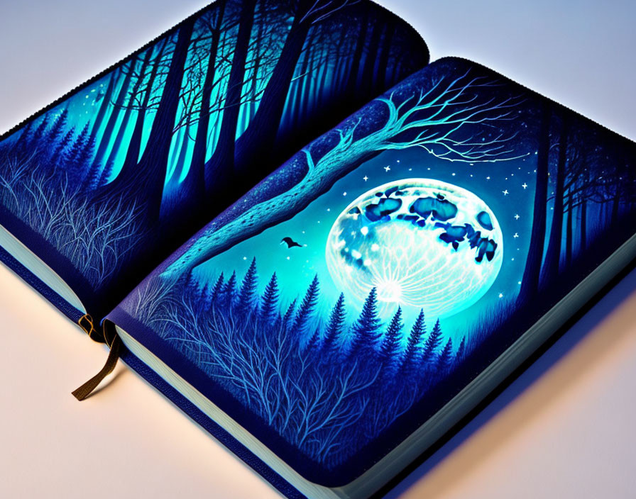 Illuminated mystical forest and floating islands in open book