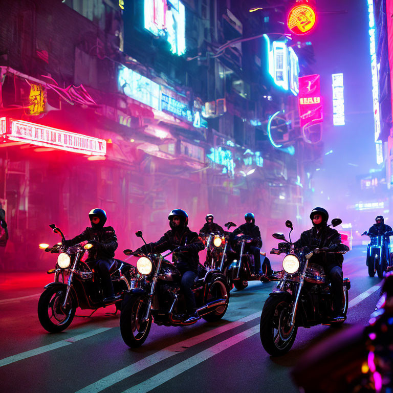 Neon-lit urban street with motorcyclists at night