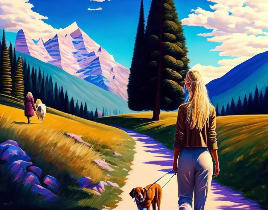 Woman walking dog in vibrant landscape with mountains and trees.