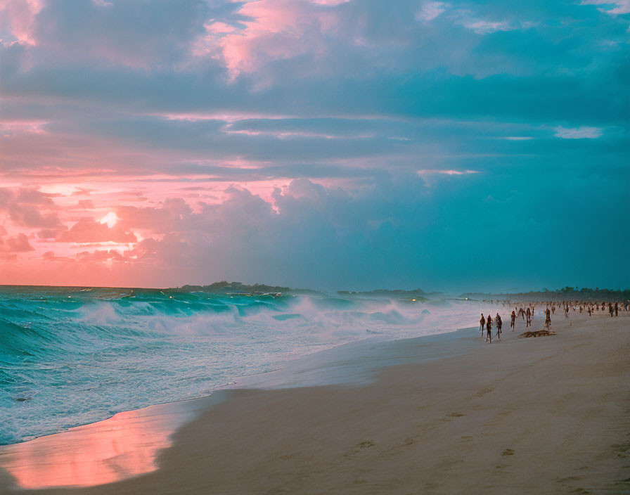 Tranquil Sunset Beach Scene with Pink and Blue Skies