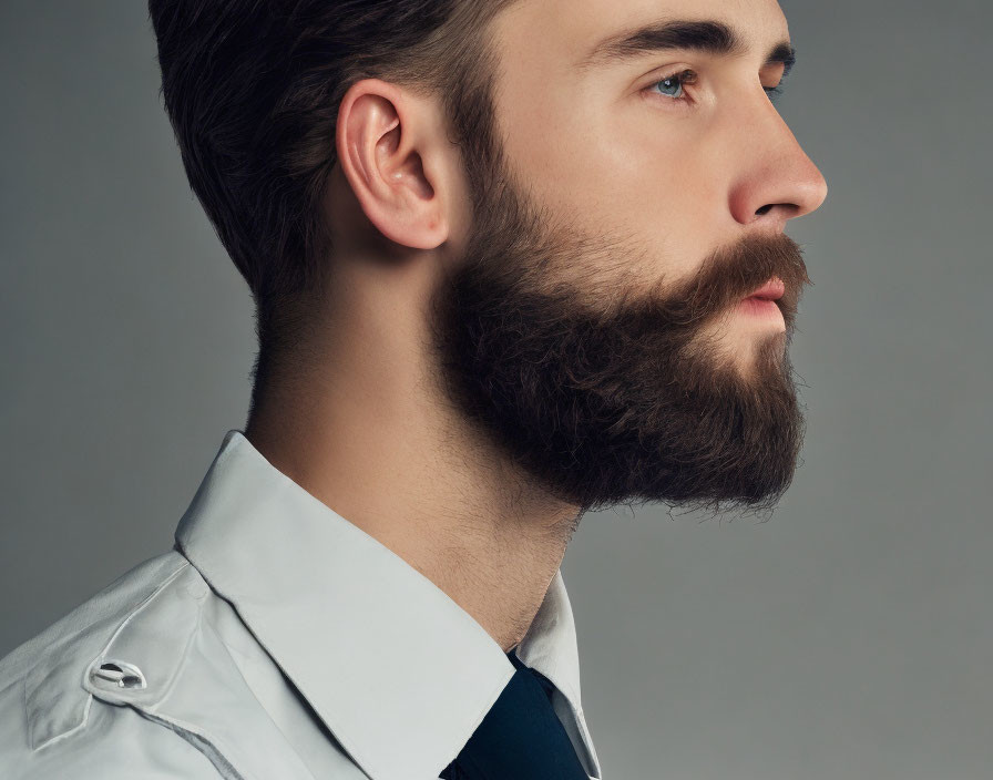 Man with Styled Beard and Mustache in White Shirt and Tie on Grey Background