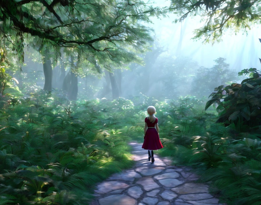 Girl in red dress walking on stone path through lush forest with sunbeams.