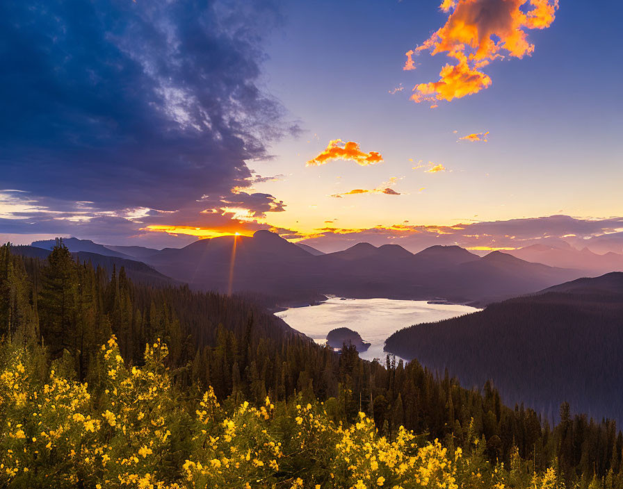 Mountain sunrise with lake, yellow wildflowers, and dramatic clouds