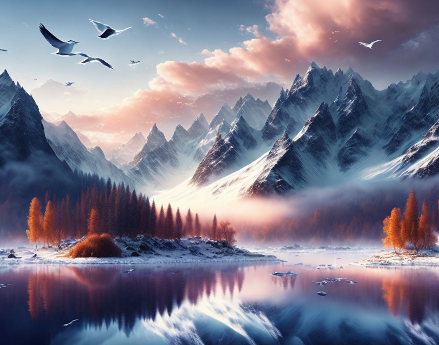 Tranquil autumn scenery with reflective lake, mist, snowy mountains, and pink sky