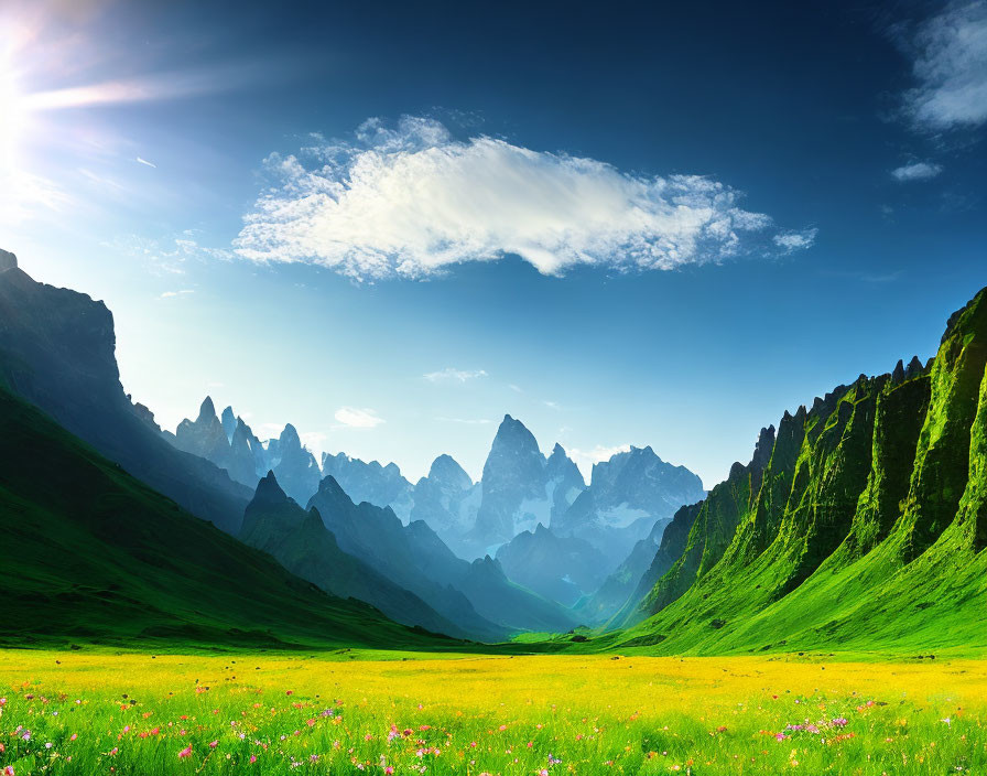 Scenic meadow with wildflowers, blue sky, and distant mountains