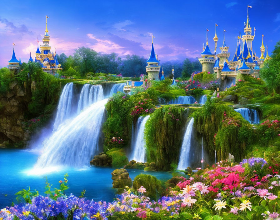 Colorful fantasy landscape with waterfalls, lake, greenery, flowers, and castles.