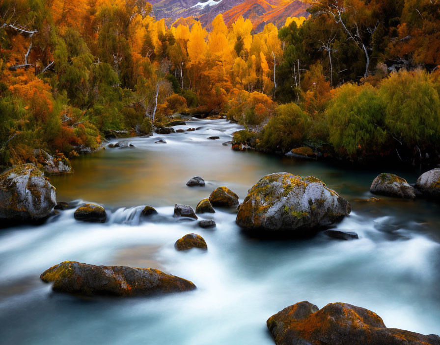 Tranquil river in vibrant autumn landscape