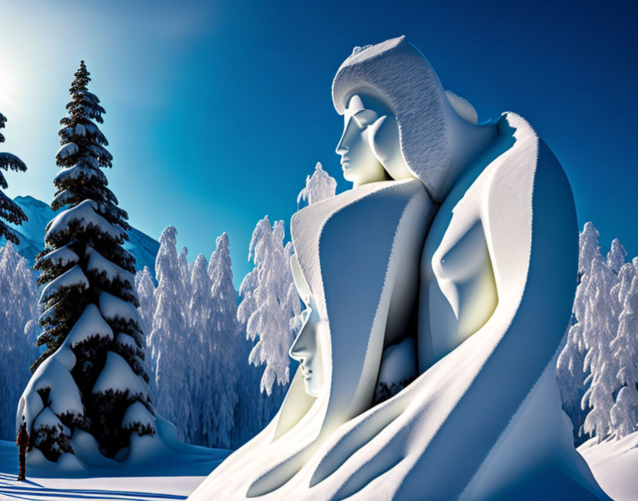 Snow-covered trees and sculpted woman's face in wintry landscape