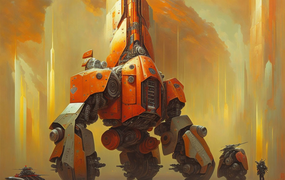 Giant orange robot in misty yellow landscape with smaller robots.