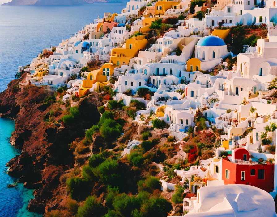 Picturesque Santorini Cliffside Sunset Overlooking Aegean Sea