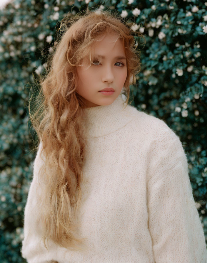 Young person with long curly hair in cream sweater amid white flowers