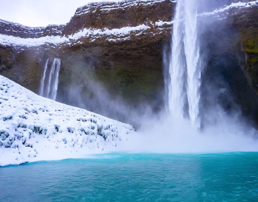 Snowy Cliff Waterfall with Turquoise Water