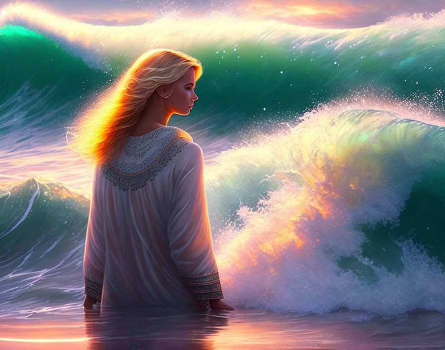 Blond woman admires vibrant sunset over towering waves