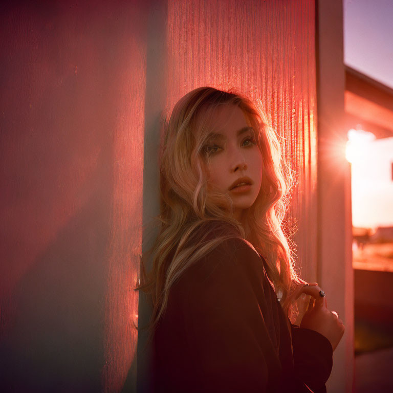 Blonde woman gazes back at sunset against red wall