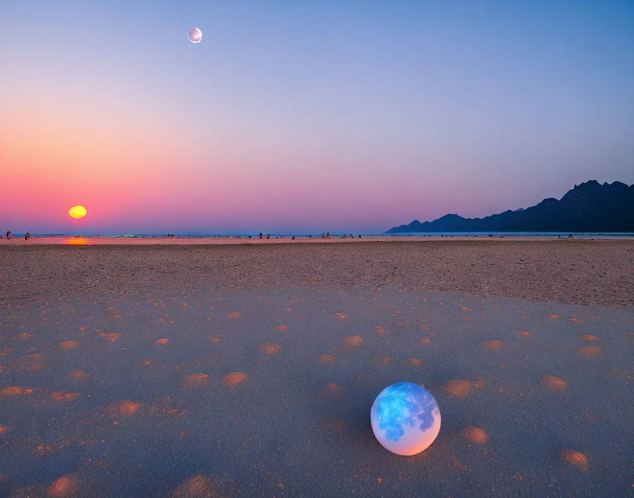 Colorful Sunset Beach Scene with Mountains, Crescent Moon, and Glowing Orb