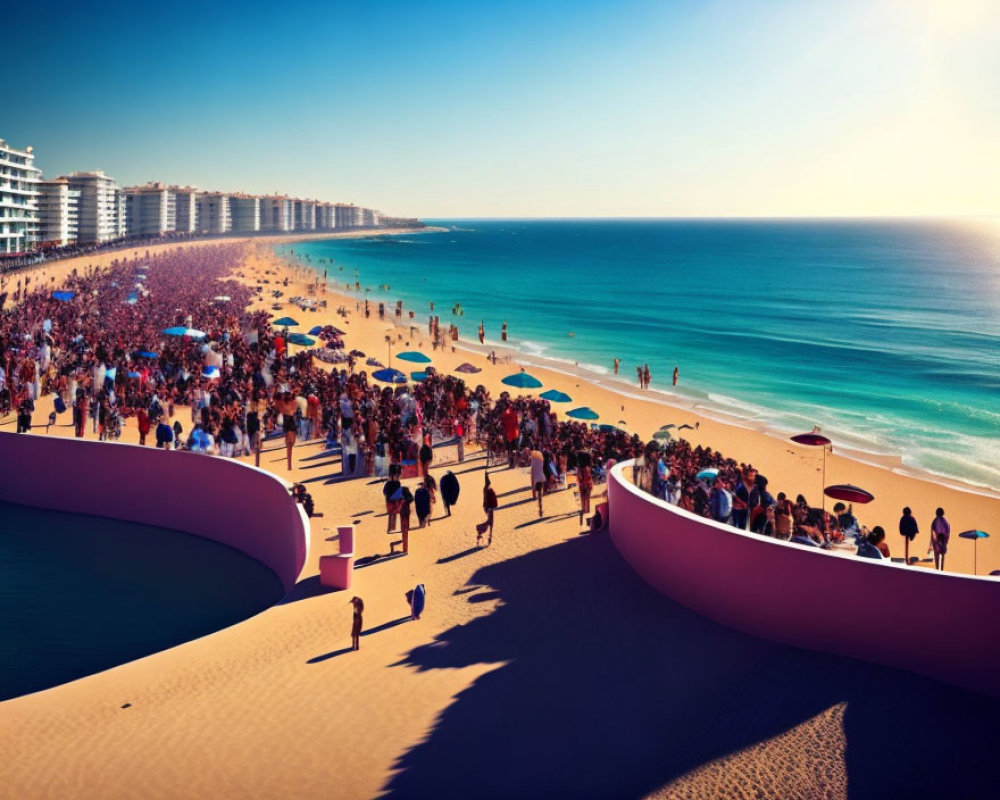 Busy beach scene with colorful umbrellas, people by the water, and waterfront buildings under clear sky