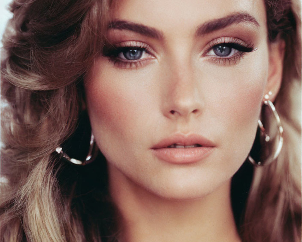 Portrait of Woman with Wavy Blonde Hair and Striking Blue Eyes