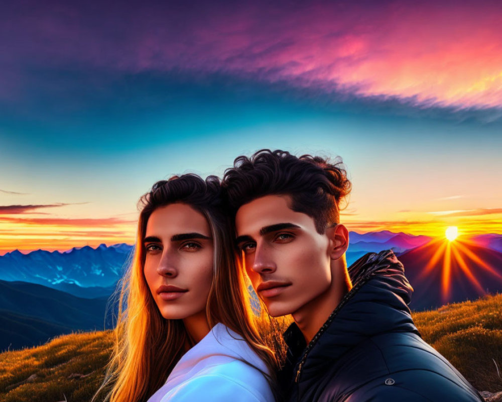 Vibrant sunset colors with young couple and mountain backdrop