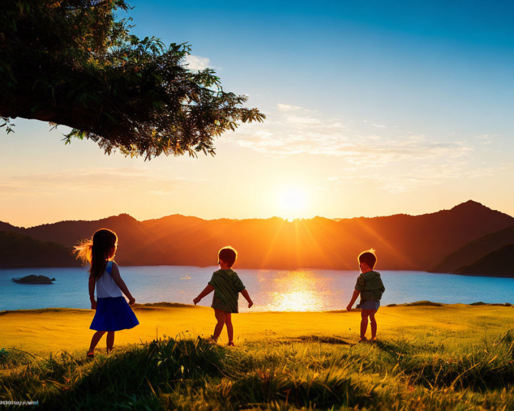 Children playing under tree at sunset near sea and mountains.