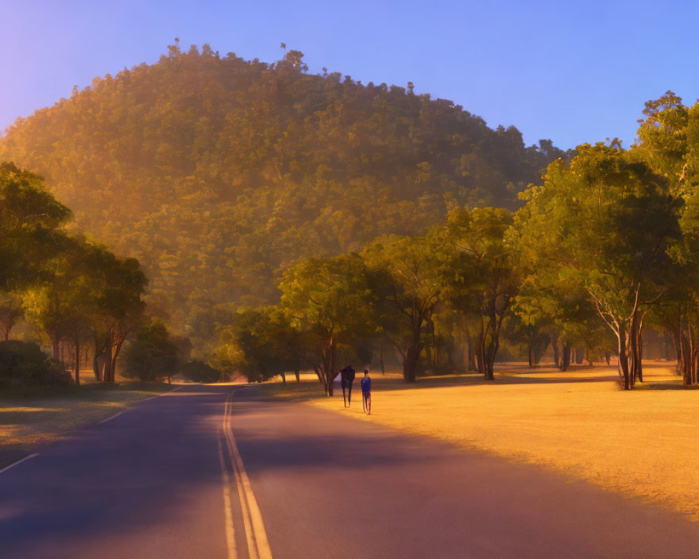 Tranquil landscape with two people walking on deserted road